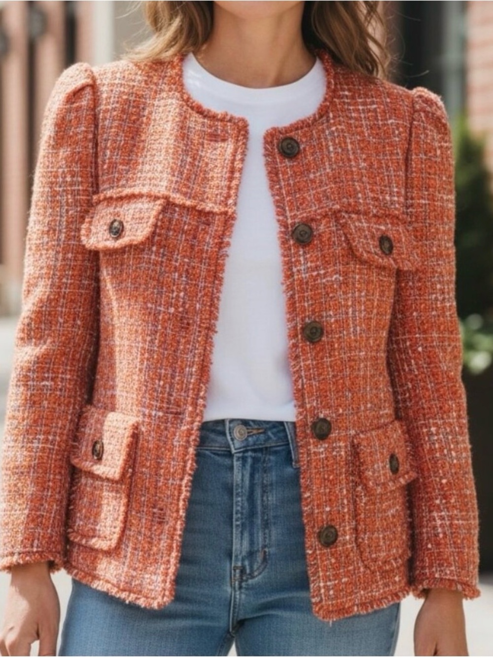 Ann Taylor Orange Fringe BoucléTweed Pocket Blazer size 2 new without tags